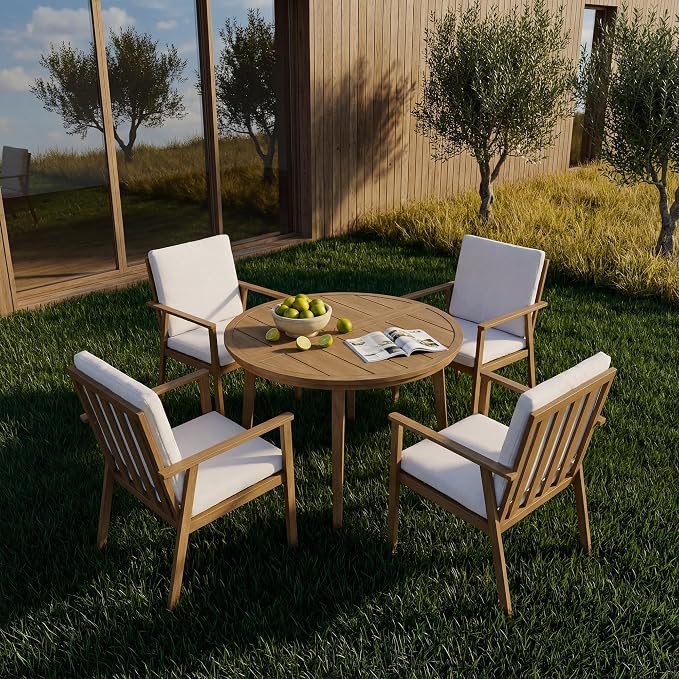 5-Piece Round Outdoor Dining Table Set, 41" All-Aluminum Round Outdoor Table with 4 Chairs, Rust-Resistant Faux Wood Grain Patio Table with Umbrella Hole for Garden, Backyard, Poolside, Teak