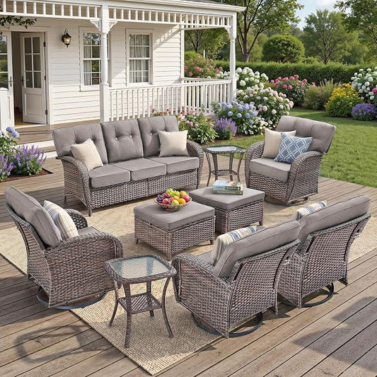 9-Piece Wicker Patio Furniture Set with 5-Inch Thick Cushions Weather Resistant Rattan High Back Swivel Rocker Chairs Senior Friendly Conversation Set for Small Porch Deck Sunroom Brown/Grey