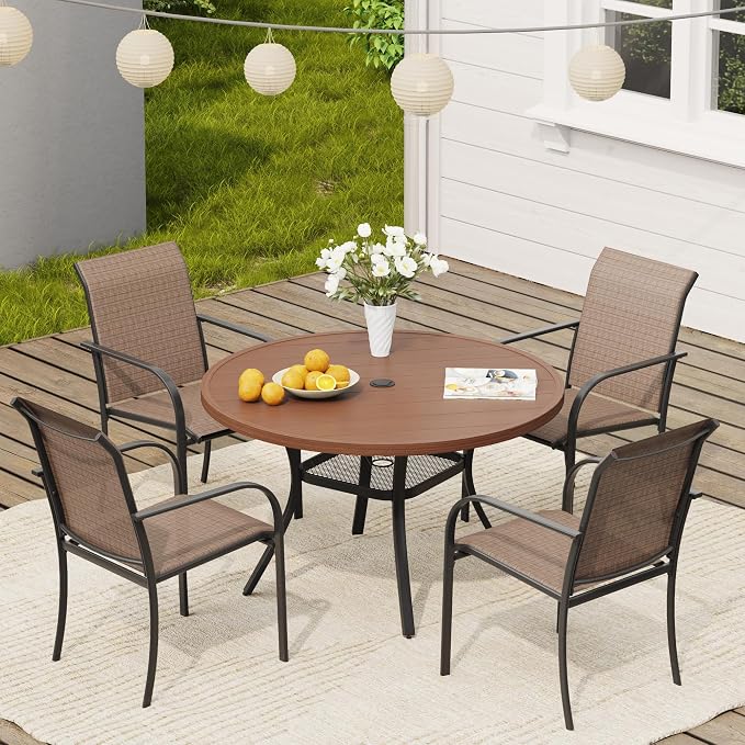 VICLLAX Round Outdoor Dining Set, Patio Table and Chairs Set Set of 4 Patio Stackable Chairs and 40.6" Outdoor Round Table with Umbrella Hole for Backyard Lawn Garden, Brown Chairs and Walnut Table