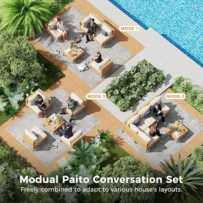 ABCASA Patio Sectional Furniture Set, 5-Piece Wicker Outdoor Patio Furniture Sets with Anti-Slip Cushions & Coffee Table,Boho Patio Conversation Set Sectional Sofa for Backyard,Porch,Garden,Beige