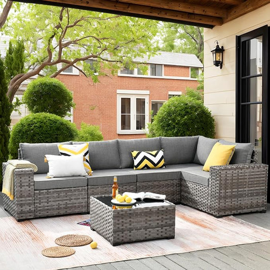 ovios 6 Pieces Patio Furniture Set, Outdoor Wicker Sectional Sofa with Coffee Table Comfy Cushions, Modern Modular Deep Seat Couch Rattan Conversation Set, Dark Grey