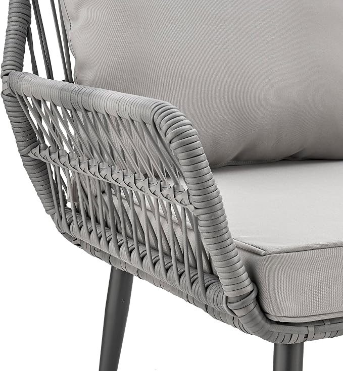 Manhattan Comfort Cannes 3-Piece Patio Conversation Set, Outdoor Furniture | Includes Modern Cushioned Rope Wicker Chairs & End Table, Removable & Washable Cushions, Tempered Glass Tabletop, Grey
