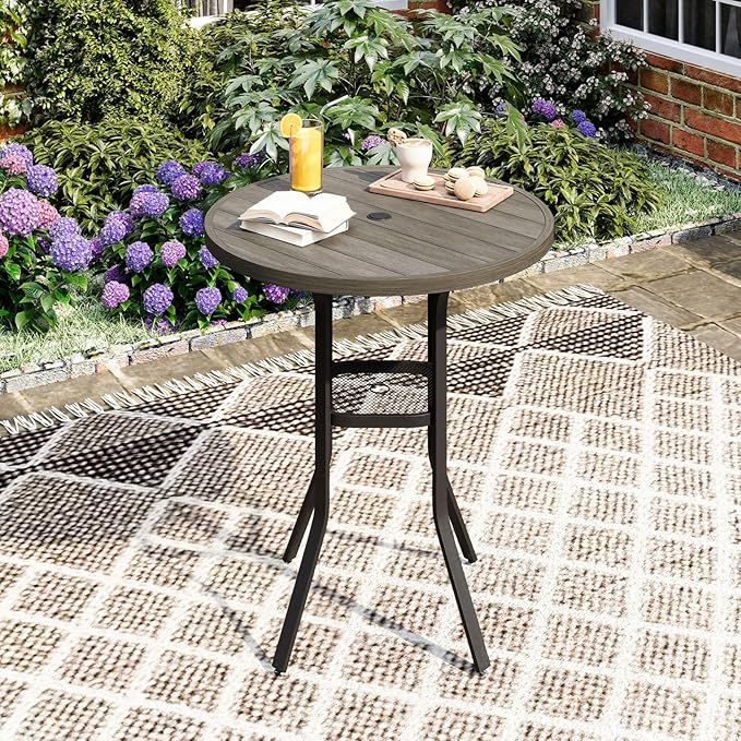 DIFY Patio Bar Height Table, 35.5" Round Outdoor Bistro Table with 1.57" Umbrella Hole for Poolside, Balcony, Pub and Garden, Grey Wood-Like