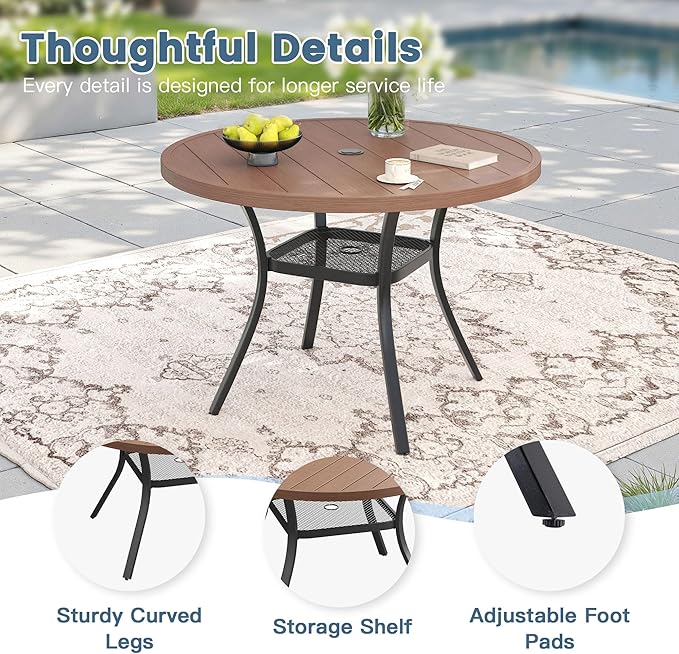 DIFY Outdoor Dining Table for 4 Person, 40.6"x 40.6" All Weather Round Patio Metal Table with 1.57" Umbrella Hole for Poolside Garden and Backyard, Walnut