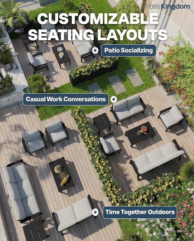 Patio Furniture Set with Washable Thick Gray Cushions, HDPE Outdoor Couch, All-Weather Outdoor Sectional Furniture, Patio Conversation Sets for Lawn, Garden, Porch (Black Frame)