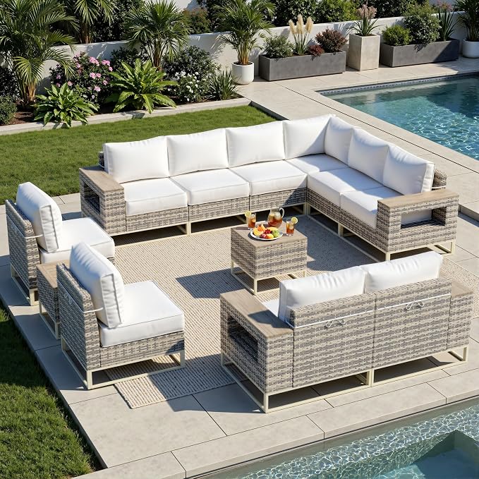 Outdoor Patio Furniture Set 12-Piece PE Rattan Wicker Outdoor Sectional Sofa with Thickened Cushions and Chunky Arms, Modern Modular L-Shaped Conversation Set for Garden, Backyard, White