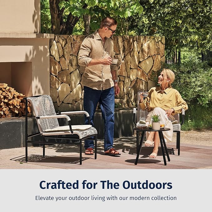 East Oak 3-Piece Patio Furniture Set, Outdoor Bistro Set with PE Rattan Wicker Wide Chairs, Soft Cushions & Coffee Table, Modern All-Weather Wicker Patio Set for Garden and Porch, Creamy Apricot