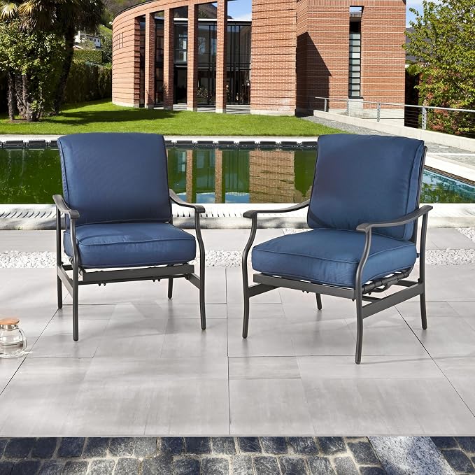 LOKATSE HOME C-Spring Patio Chairs Set of 2, Outdoor Metal Motion Conversation Chairs with Gentle Bounce, 5.1" Extra Thick Blue Cushions Deep Seating Furniture for Deck & Porch