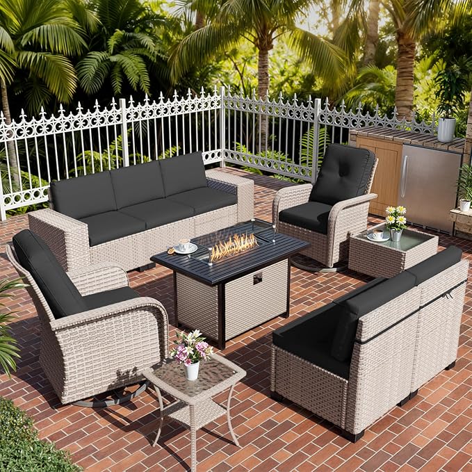 10 Pieces Patio Furniture Set with Fire Pit Table, Outdoor Sectional Wicker Sofa with Thick Cushions, High Back Swivel Rocker Patio Chairs, Rattan Conversation Set with Coffee Table, Black