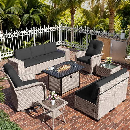 10 Pieces Patio Furniture Set with Fire Pit Table, Outdoor Sectional Wicker Sofa with Thick Cushions, High Back Swivel Rocker Patio Chairs, Rattan Conversation Set with Coffee Table, Black