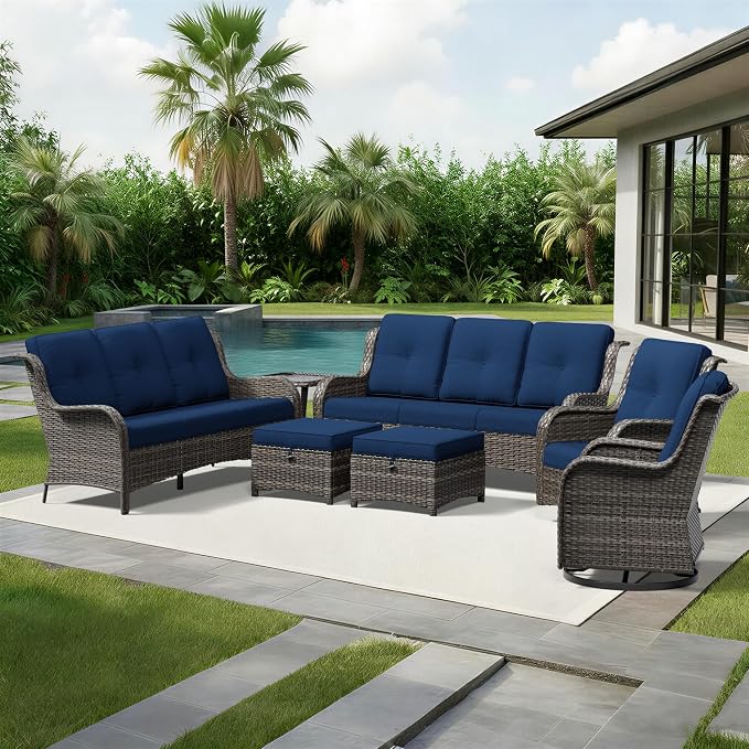 Joyside 7 Piece Wicker Patio Furniture Set, Outdoor Swivel Rocker Patio Chairs with High Back, Deep Seating, Wide Armrest, Thickened Cushions, Outdoor Furniture for Deck, Porch Use