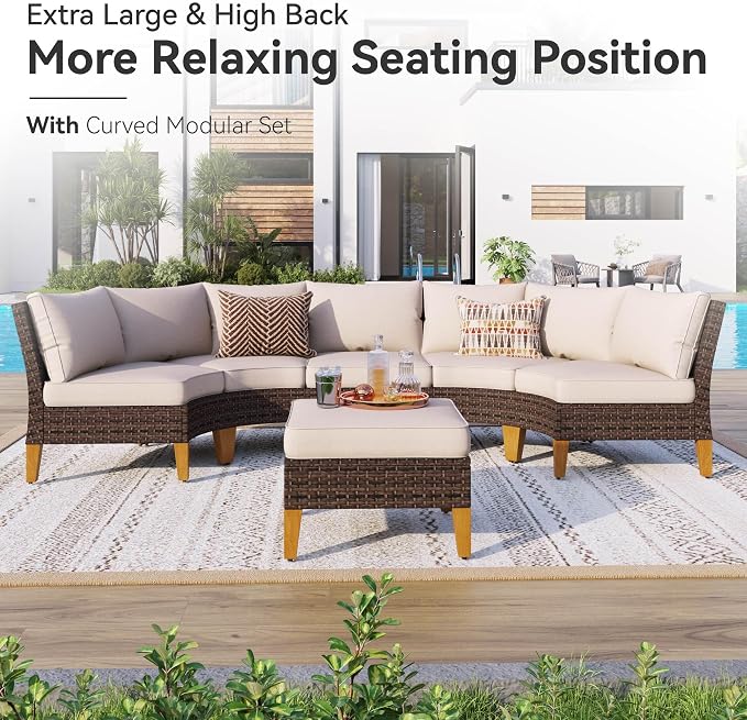 GREEN PARTY 8 Pieces Wicker Patio Furniture Set, All-Weather Outdoor Rattan Half-Moon Curved Patio Sectional Sofa Conversation Set with 4" Thick Cushions for Garden, Backyard, 2 x Ottomans