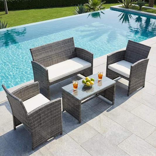 SUNLEI Patio Furniture Set 4 Piece Outdoor Furniture Set, PE Rattan Wicker Patio Conversation Set with Cushions & Glass Coffee Table, Backyard Patio Seating for Balcony Porch Garden Poolside, White