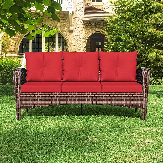 73" Patio 3-seat Sofa, Wicker Rattan Couch, Steel Frame Deep Seat Loveseat, Outdoor Conversation Furniture with Removable Cushions for Garden, Apartment, Front Porch (Red)