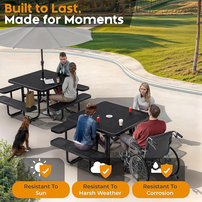 Metal Picnic Tables for Outdoors with Umbrella Hole - Coated Steel Heavy Duty Commercial Grade Furniture (Black, 46 in, Square, Expanded Steel)