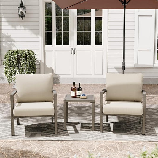 HAPPATIO Aluminum Patio Furniture Set, 3 Pieces Conversation Set with Thick Cushions and Side Table, Waterproof and Rustproof for All Weather, Seating Sofa for Garden, Backyard, Porch, Grey