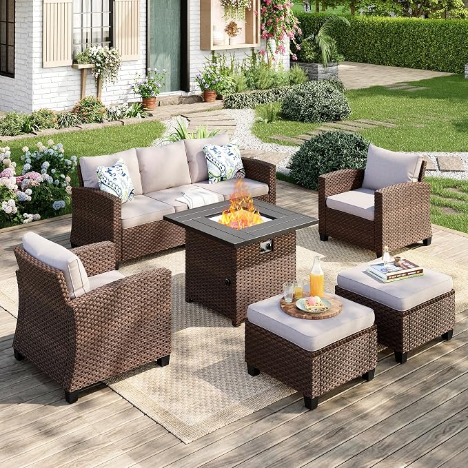 MIXPATIO Patio Furniture Set, 6 Pcs Wicker Rattan Outdoor Conversation Set, 2 x Leg Chairs, 1 x 3 Seater Sofa and 2 x Ottoman with 4" Thick Cushion and 32" Fire Pit Table, Beige