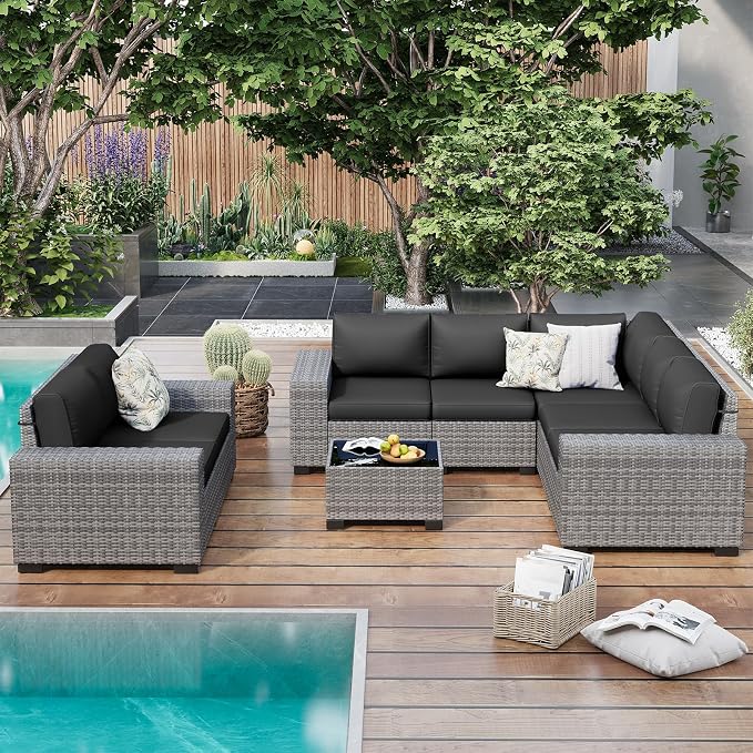 Outdoor Patio Furniture Set, 8‘’ Wide armrest Outdoor Sectional Rattan Sofa Set, Wicker Patio Furniture Sets w/Coffee Table,Thick Cushions for and Cover for Porch, Deck,8 PCS(Grey&Black)
