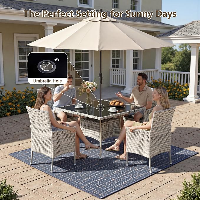 Outdoor Dining Set, 10-Piece Patio Furniture Set with Tempered Glass Table and 8 Cushioned Chairs, Dual-Strand Wicker Rattan, Balcony Furniture for Backyard, Garden, Deck,– Black