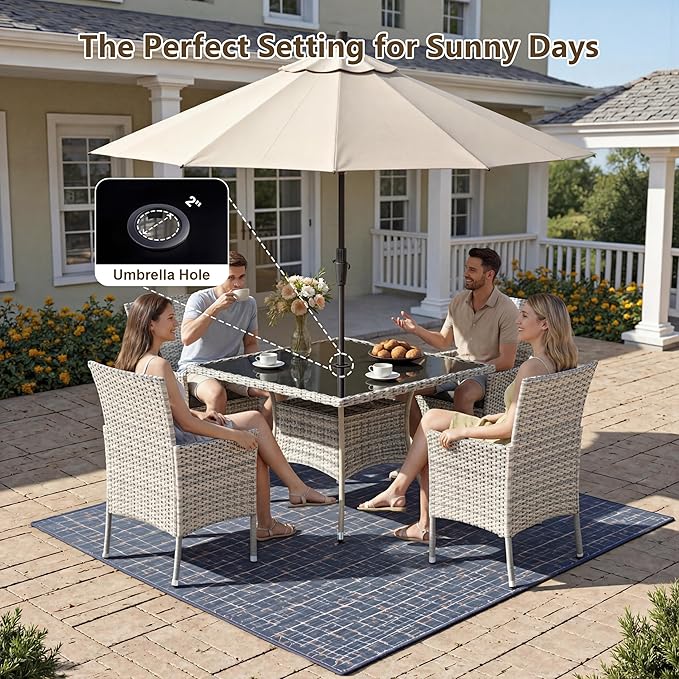 Outdoor Dining Set, 10-Piece Patio Furniture Set with Tempered Glass Table and 8 Cushioned Chairs, Dual-Strand Wicker Rattan, Balcony Furniture for Backyard, Garden, Deck,– Turquoise