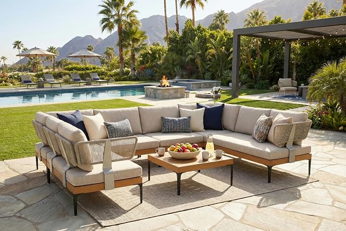 PURPLE LEAF Patio Furniture Set Outdoor Sectional Sofa with Removable Cushions and Pillows Wicker 8 Pieces U-Shaped Couch Modern Conversation Sets for Balcony Yard Garden Poolside, Oatmeal Greige