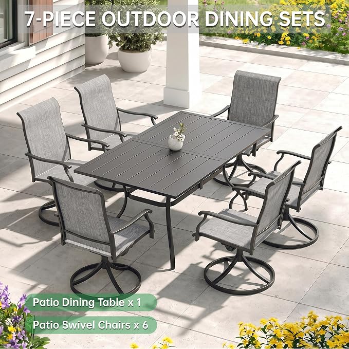 7-Piece Outdoor Dining Set with Umbrella Hole,Patio Swivel Chairs Set and 63"x 38"x 28" Outdoor Patio Table for 6,Modern Garden Dining Set for Poolside Seaside Backyard