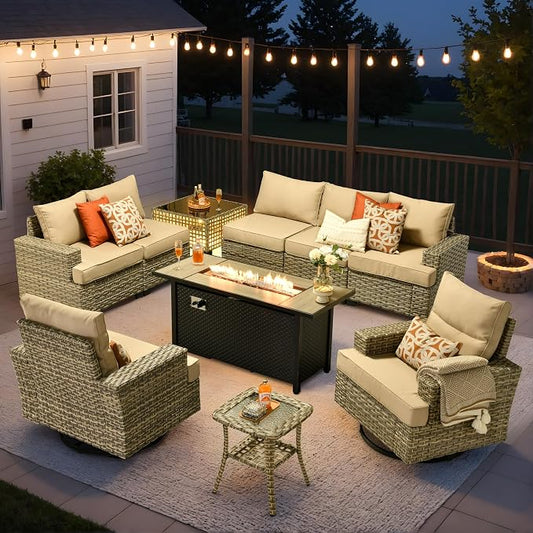 10 Pcs Outdoor Sectional Patio Furniture Set with Fire Pit Table and Swivel Rocking Chairs - All Weather Wicker Modular Outside Sectional Couch,Patio Seating Outdoor Conversation Sets,Beige