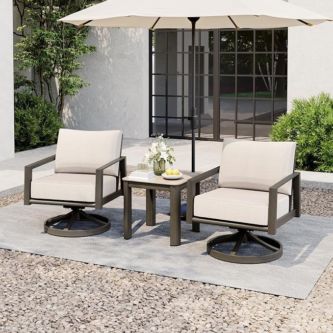 HAPPATIO Patio Conversation Set, 3-Piece Aluminum Oversized Patio Furniture Set with Rope Backrest, Side Table and 2 Swivel Chairs with Thick Cushion, Hand-Brushed Frame for Yard, Porch, Balcony