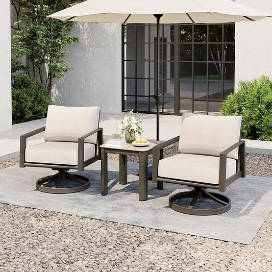 HAPPATIO Patio Conversation Set, 3-Piece Aluminum Oversized Patio Furniture Set with Rope Backrest, Side Table and 2 Swivel Chairs with Thick Cushion, Hand-Brushed Frame for Yard, Porch, Balcony