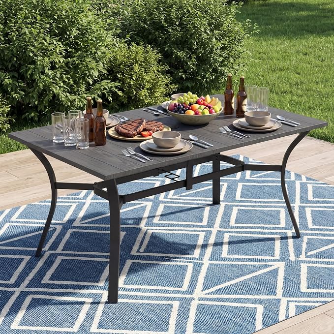 63”x37.8” Metal Outdoor Dining Table for 6,Rectangular Patio Dining Table with Adjustable Umbrella Hole,All-Weather Black Outdoor Patio Table for Porch, Garden
