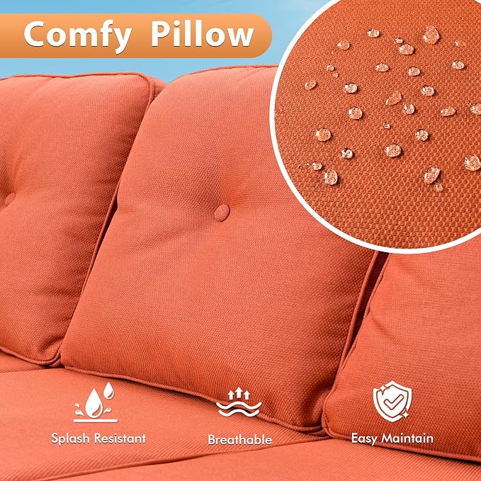 Outdoor Patio Furniture Sets, 8 PCS Patio Conversation Set Outside Rattan Sofa with 54 in Fire Pit Table Comfy Cushions Fit Backyard Porch Garden Poolside Balcony,Orange Red