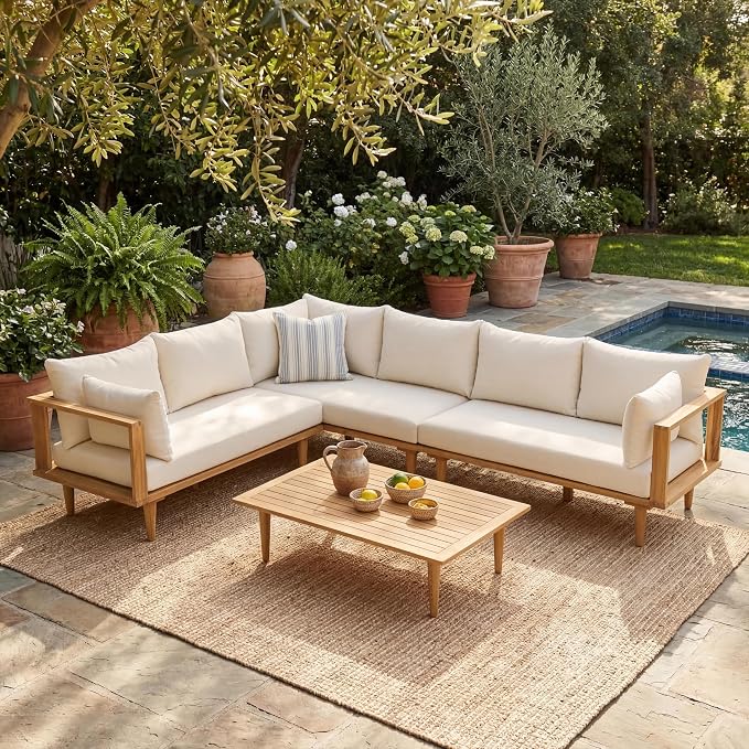Christopher Knight Home Flynn Acacia Wood Patio Furniture Set, 6-Seater L-Shaped Sectional Sofa Set and Small Coffee Table, Outdoor Conversation Set for Backyard Poolside Balcony, Natural+Beige