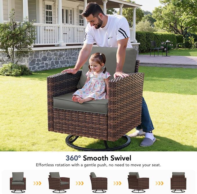 7 Pcs Outdoor Furniture with 44" Fire Pit Table, Rattan Patio Conversation Sets with Swivel Chair, Gas Fire Pit, Ottomans, Side Table, 4" Thick Cushion, for Backyard Garden Deck,Dark Grey