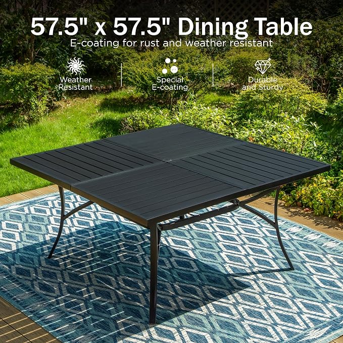PHI VILLA 9 Pcs Outdoor Dining Set, 57.5" Steel Table, Black | 57.5" wrought iron table w/ umbrella hole &8 swivel chairs w/ cushions . Weather-resistant e-coated frame.Perfect for patio