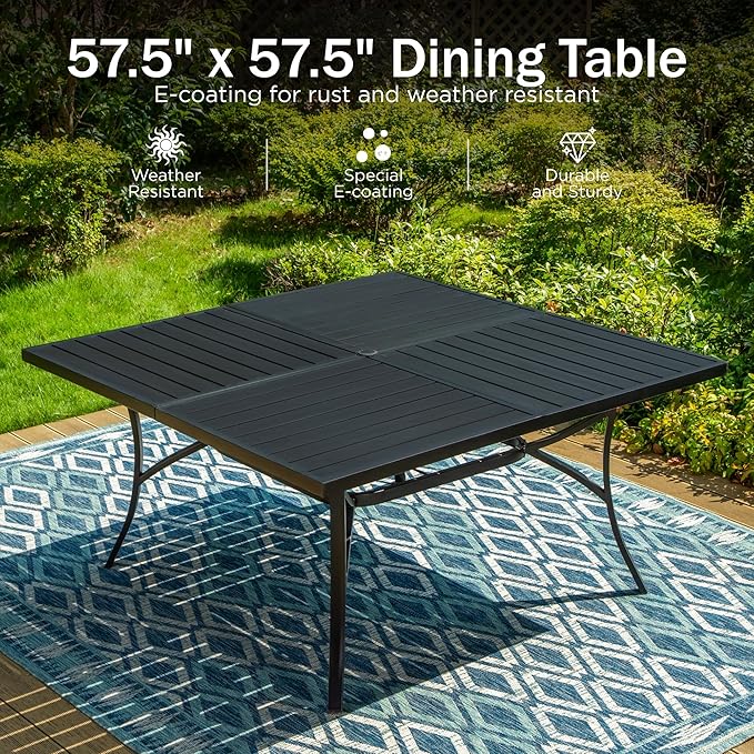PHI VILLA Outdoor Dining Set for 8,57.5" Wood-Like Metal Table | 57.5” Square Black Metal Table with Umbrella Hole & Stackable Iron Chairs for Patio, Deck, Yard, Porch