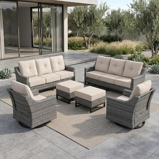 6-Piece Outdoor Patio Furniture Set, Grey Wicker Conversation Set with 2 Sofas, 2 Swivel Chairs and 2 Ottomans, 6-Inch Beige Cushions for Deck, Backyard, Poolside