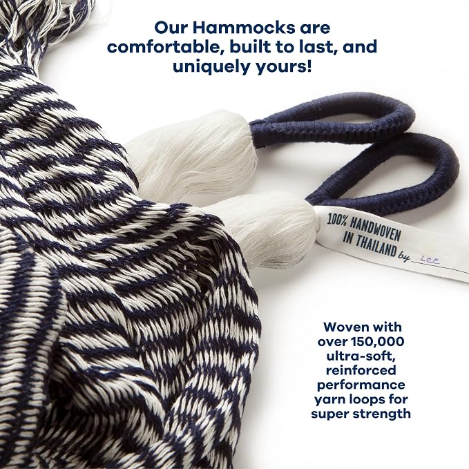 Handwoven Hammock & Charcoal Vista Stand by Yellow Leaf Hammocks - Hanging Chair, Fits 1 Person, 330lb max - Weathersafe, Easy to Hang & Setup, Ultra Soft, Artisan Made - Hammock Color: Navy Blue & W