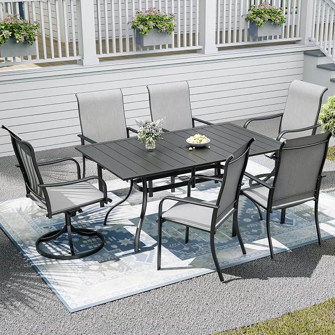 7pcs Patio Furniture Set, Outdoor Dining Table and Chairs Set | 63" Rectangle Metal Patio Table, 4pcs Textilene Dining Chairs, 2pcs Swivel Textilene Chairs, Double-sized Umbrella Hole