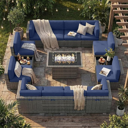15 Pieces Patio Furniture Set with 44" Propane Gas Fire Pit Table, Outdoor Sectional Wicker Conversation Sofa Sets with Coffee Table