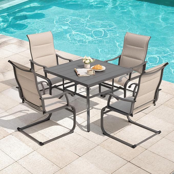 NUU GARDEN 5 Piece Patio Dining Set Outdoor Furniture with 37 Inch Table and Umbrella Hole Plus 4 Textilene Chairs Weather Resistant Dining Set for Garden Yard Porch Poolside Beige