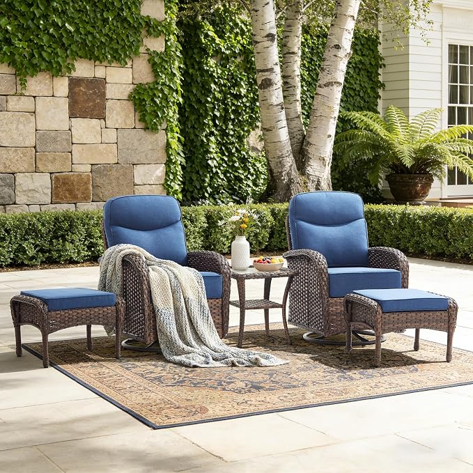 Luxury Patio Furniture Set with Swivel Chairs & 6-Inch Thick Cushions, Outdoor High Back Swivel Rocker Patio Chairs, 5PCS Wicker Outdoor Furniture Set for Porch, Yard, Deck, Poolside, Brown/Blue