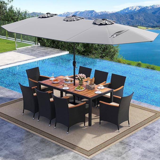Tangkula 11 Piece Patio Wicker Dining Set w/Double-Sided Patio Umbrella, 8 Stackable Cushioned Chairs, 71" Acacia Wood Dining Table & 15 ft Umbrella with Weighted Base (Grey + Off White)