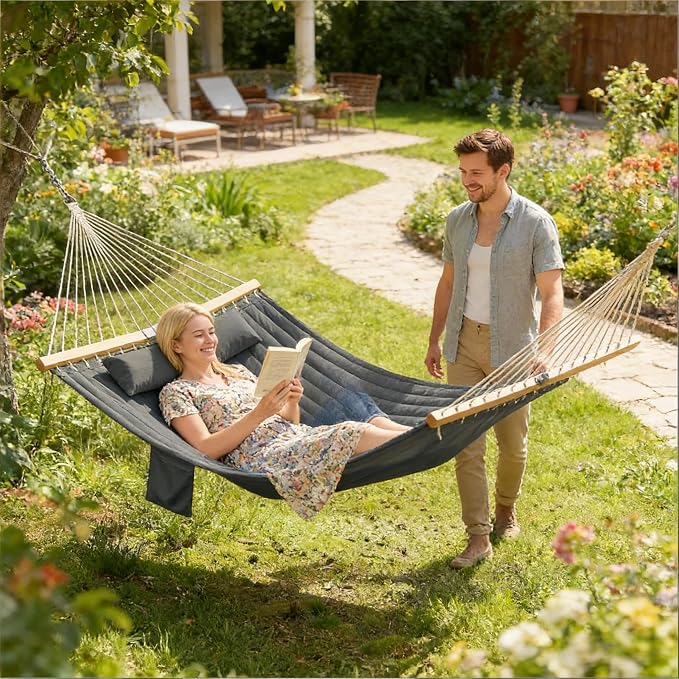 Double Hammock Outdoor Patio Garden Spreader Bars Gray | Quilted Polyester Extra Wide 2 Person Hammock Beechwood Spreader Bars Detachable Pillow Pocket and Hanging Kit Included