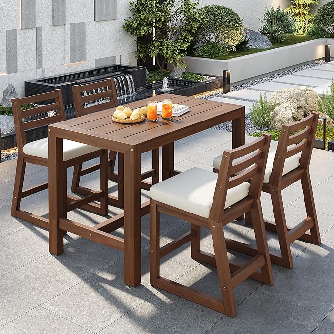 WILLIAMSPACE 51.9" 5-Piece Outdoor Bar Table Set, Patio Acacia Wood Bar Height Table & 4 Chairs with Cushions, Solid Wood Outdoor Dining Bistro Bar Set for Poolside, Balcony, Backyard (Mocha)
