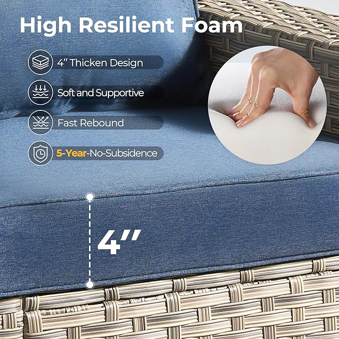 HOOOWOOO Sectional Patio Furniture Set with Solar Light Table,6 Pieces Wicker Outdoor Furniture L Shaped Couch,Outside Conversation Set with Extra Deep Seat Sofa Wide Arm,Dark Denim Blue
