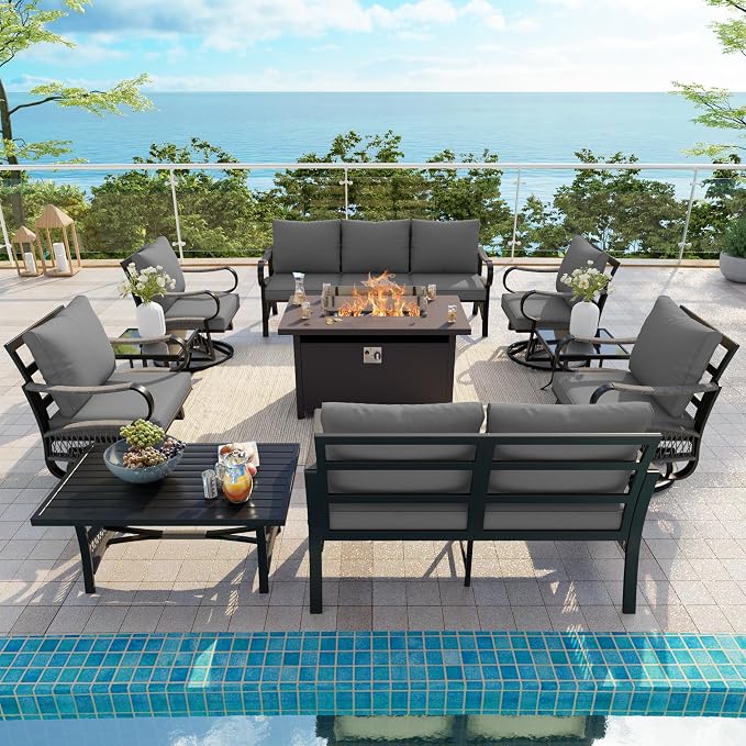 10-Piece Outdoor Furniture Set, Metal Swivel Rocking Chairs with All-Weather Cushions, Patio Conversation Set with Fire Pit Table for Deck, Porch, Garden, Backyard, Poolside (Gray Cushions)