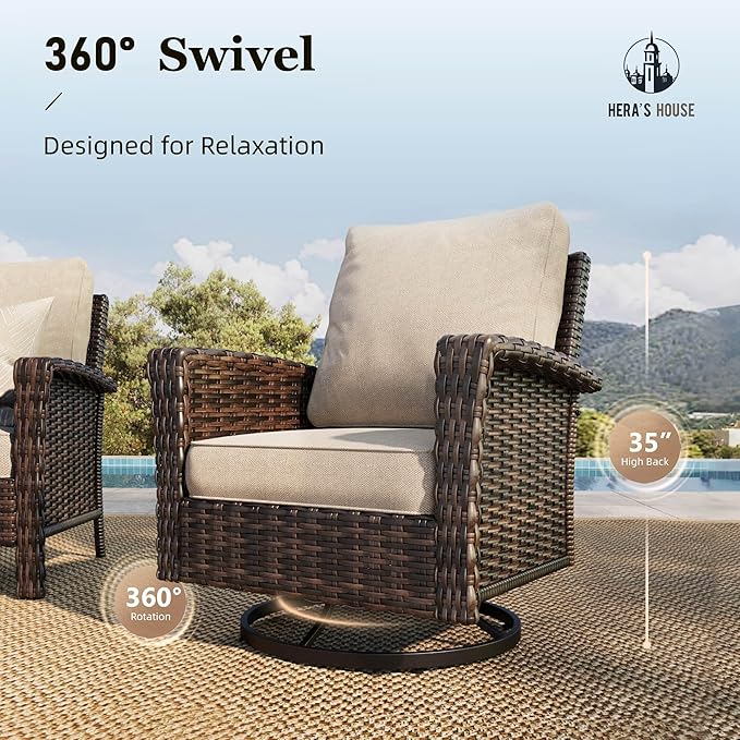 HERA'S HOUSE 5-Piece Patio Furniture Set, Outdoor High Back Swivel Chairs Set with Ottomans, Brown Wicker Conversation Set with 5.5” Thick Cushion for Deck Porch Garden Lawn, Beige