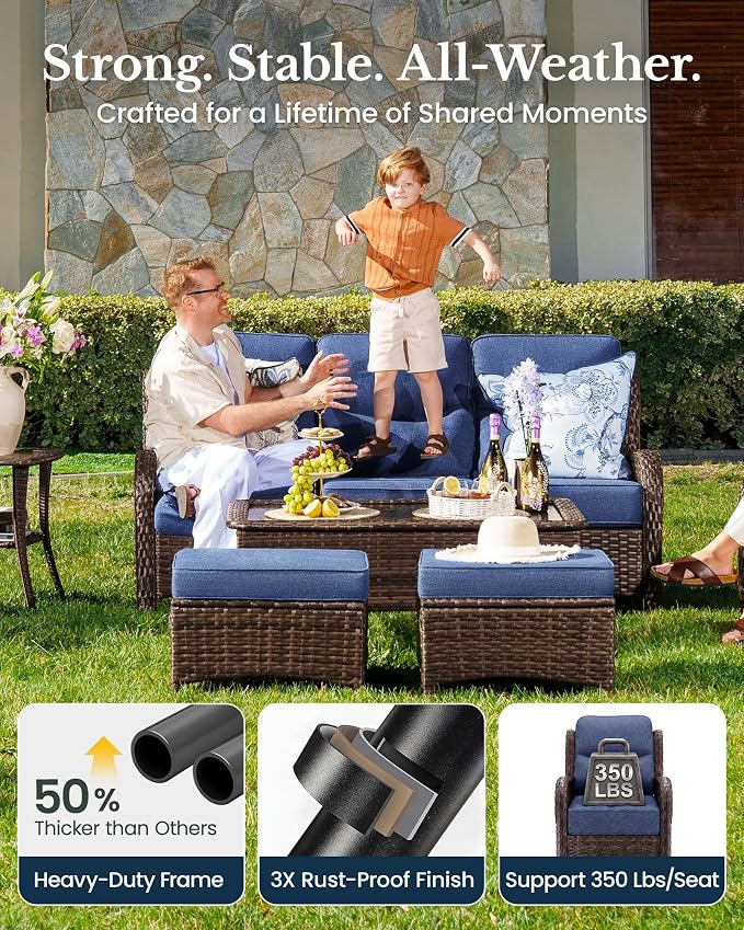 HILLGA 6-Piece Luxury Patio Furniture Set with 6" Thick Cushions, Weather-Resistant Wicker High Back Swivel Rocker Chairs, Senior-Friendly Outdoor Sofa Set for Large Deck, Yard and Poolside, Blue(V2)