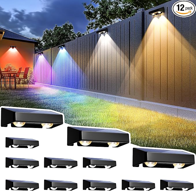 SOLPEX Solar Fence Lights Outdoor, 9 Fixed Colors ＆ Color Changing Fence Solar Lights Outdoor Waterproof IP65, LED Deck Lighting for Halloween Wall Backyard Step Railing Patio Pool Porch(12 Pack) | LED Deck Lighting for Halloween Backyard Wall Step Pat...