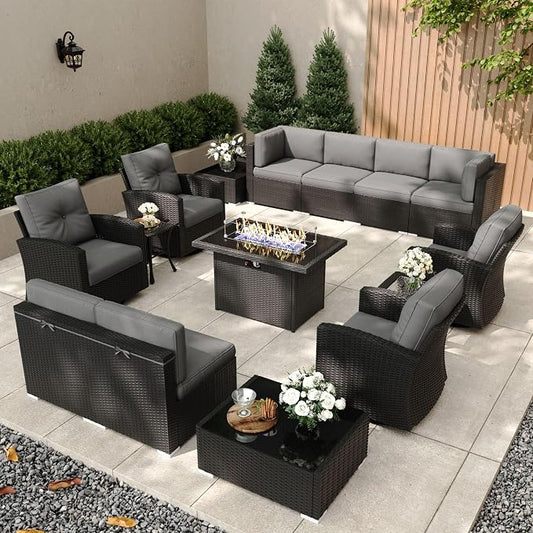 Patio Furniture Set with Fire Pit Table, 15 Pieces Outdoor All-Weather Wicker Conversation Sectional Chair Sofa Set with 4 Swivel Chairs